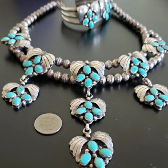 Vintage Turquoise Sterling Silver Pearls Necklace AND Cuff 123 grams Signed - Picture 8 of 11